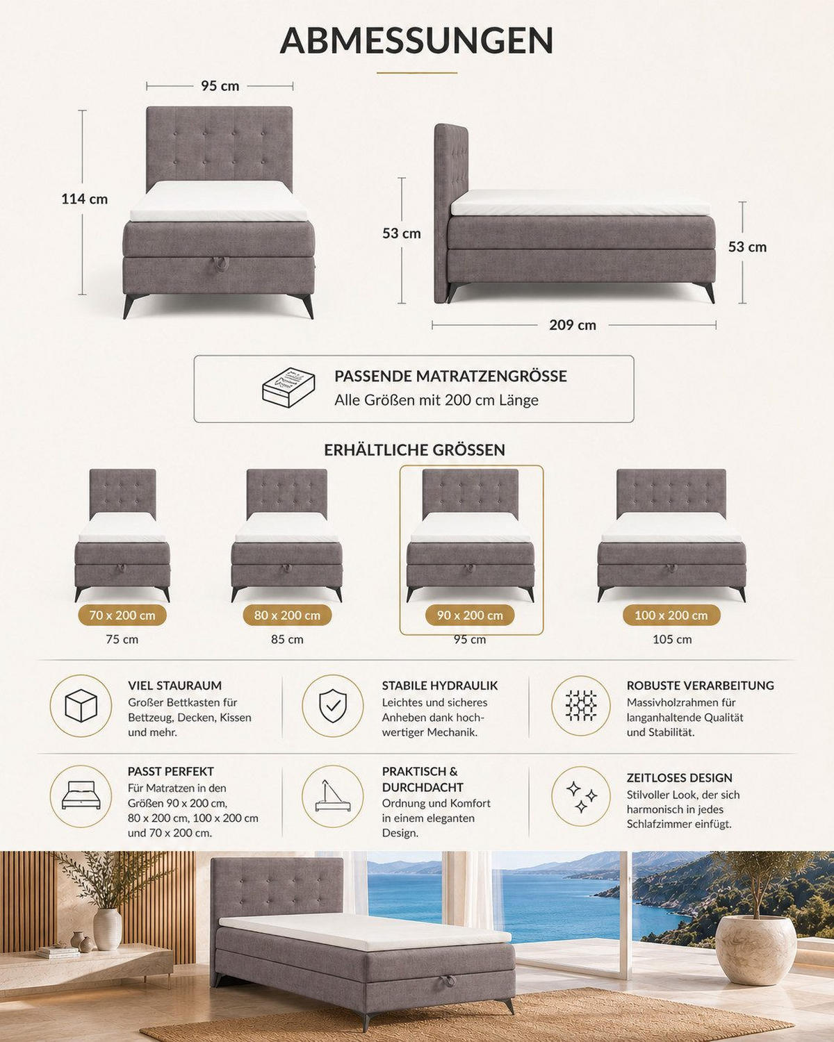 BOXBETT K15 Single SLIM mit Bettkasten & Bonell-Federkern inkl. Topper - Taupe, Holz/Textil (200/90cm) - Best For Home