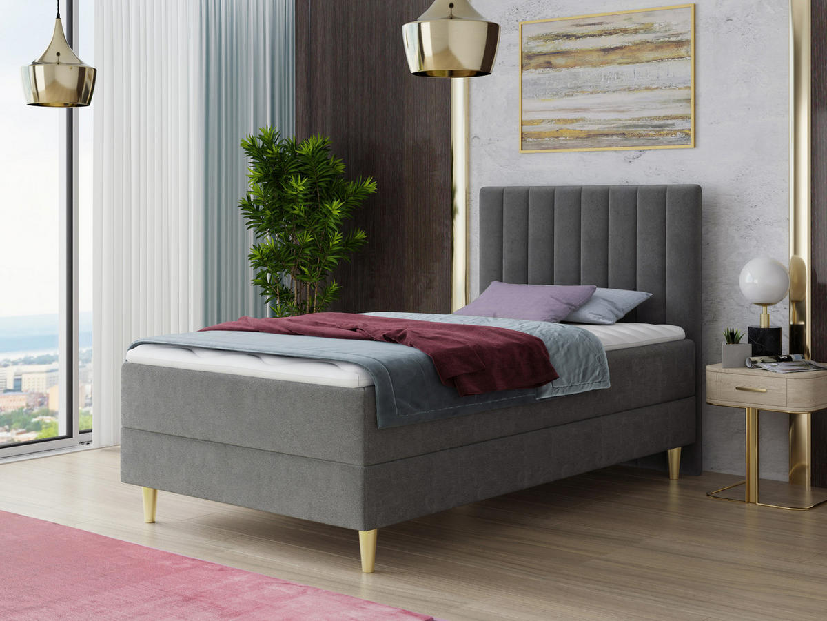 BOXBETT Gold Mini - 90x200 - Grau (Manila 16, Velvet) - Gelb/Grau, Holz/Holzwerkstoff (90/200cm) - Sofnet