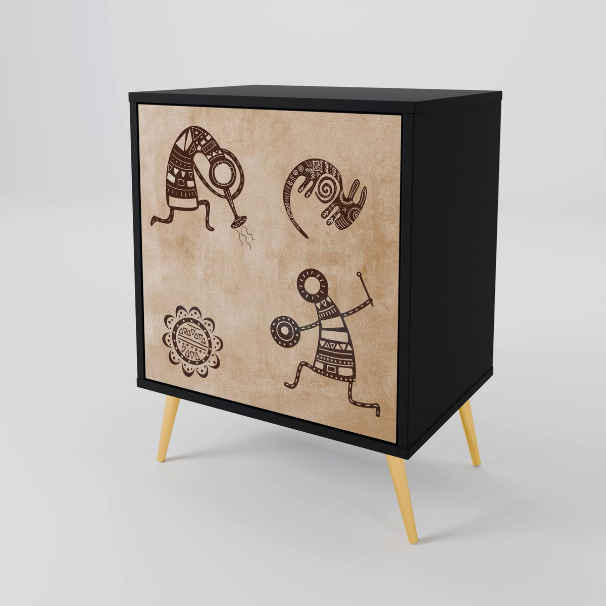 SIDEBOARD AFRICAN STYLE, Schwarz, 57,5x42x67,5 cm, Schwarze Metall-Rahmenfüße - Multicolor/Schwarz, Holzwerkstoff/Metall (57.5/67.5/42cm) - SpaceRebels