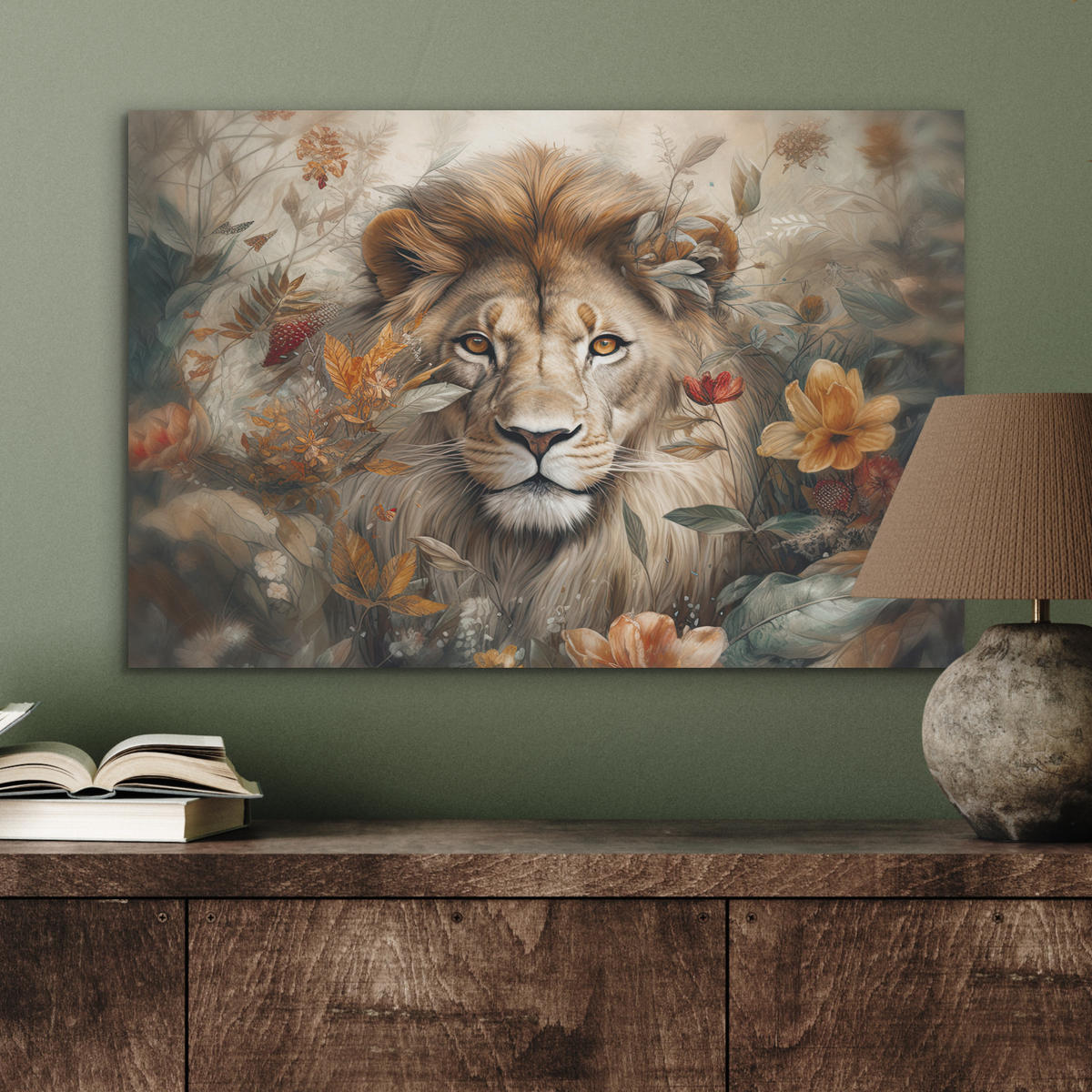 AKUSTIKBILD Löwe - Wildtiere - Pflanzen - Natur - Blumen Wanddeko 70x50 cm - Beige, Kunststoff (70/50/0.9cm) - MuchoWow