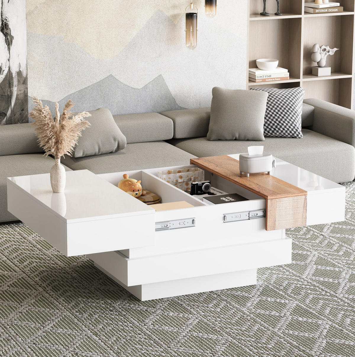 COUCHTISCH 70/70/39 cm Weiß aus Spanplatte mit ausziehbarer Tischplatte und Stauraum - Weiß, Holzwerkstoff (70/70/39cm) - OKMYHOME