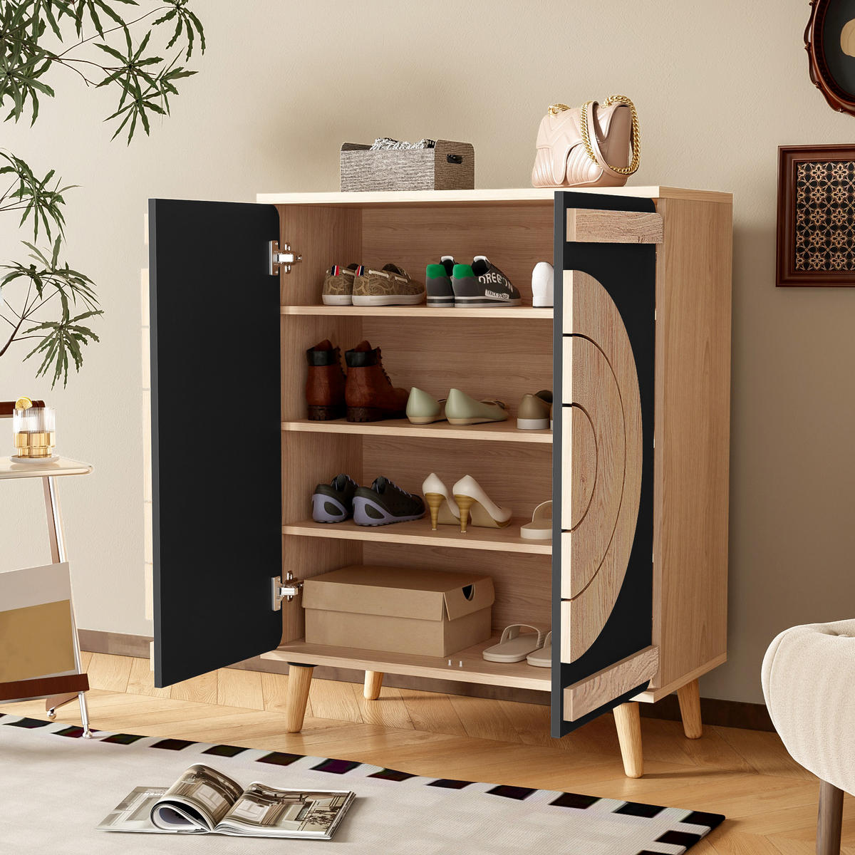 SCHUHSCHRANK Modern Runde Geometrische Türen Stauraum Holzbeine - Schwarz, Holzwerkstoff (37/98.5/76cm) - FLIEKS