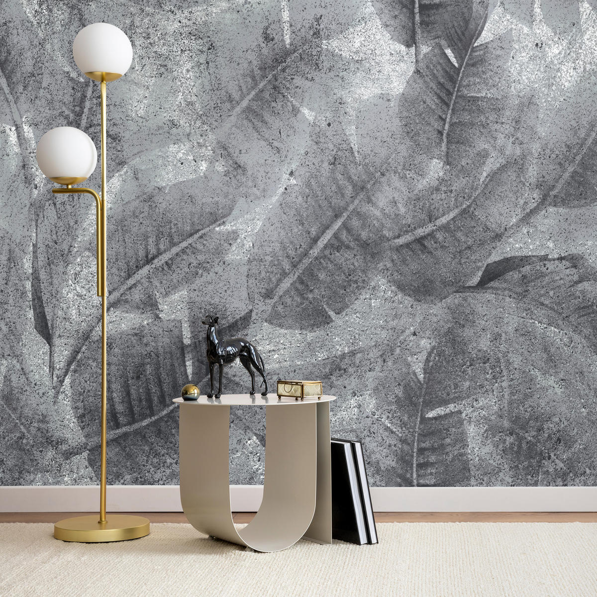 FOTOTAPETE für Wohnzimmer Abstraktion Blätter Beton Vintage Grau 300x210 - Grau, Papier (300/210cm) - Muralo