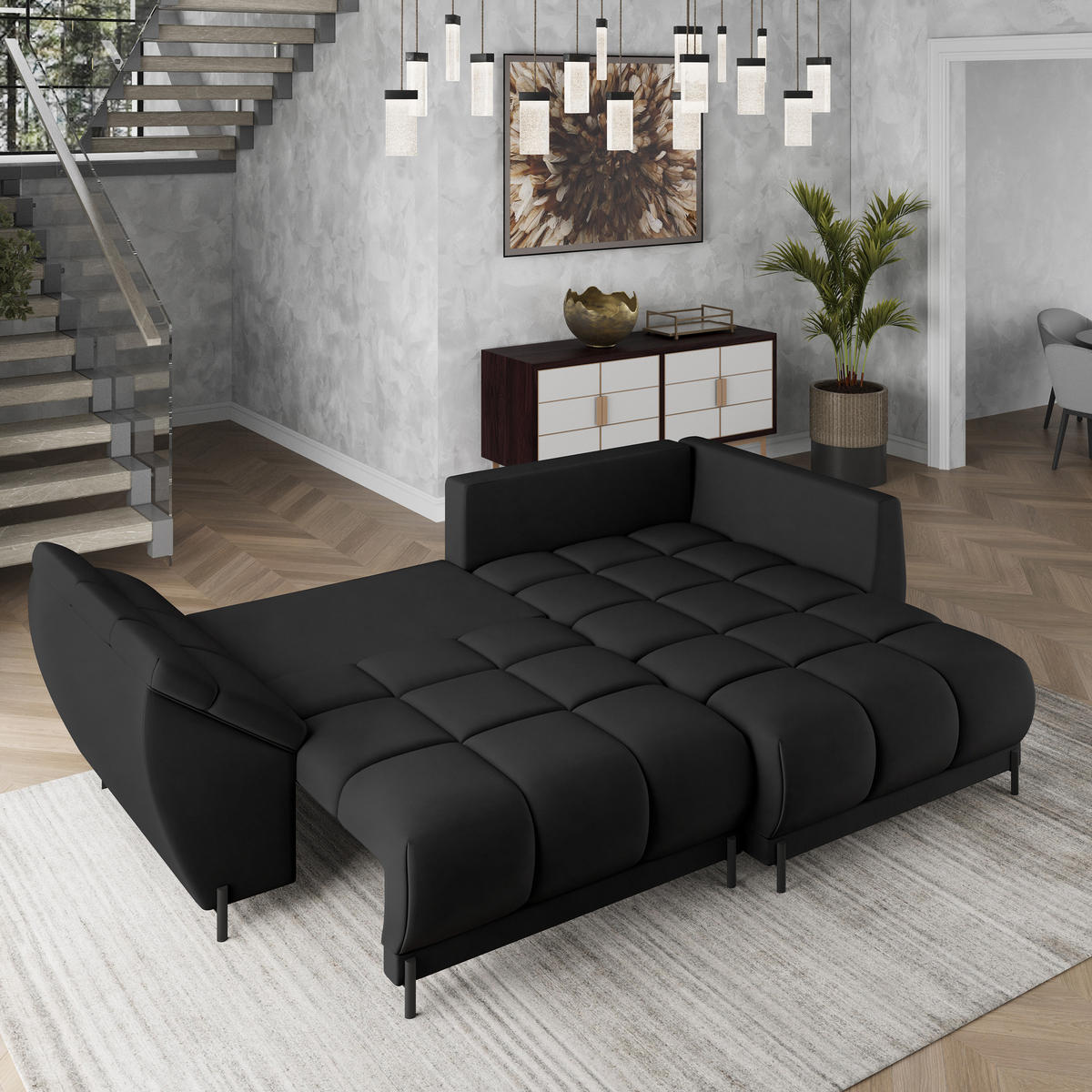 ECKSOFA VESTANO R-S Schwarz Velours-Stoff mit Schlaffunktion - Schwarz, Holz (287/182cm) - MASSENO