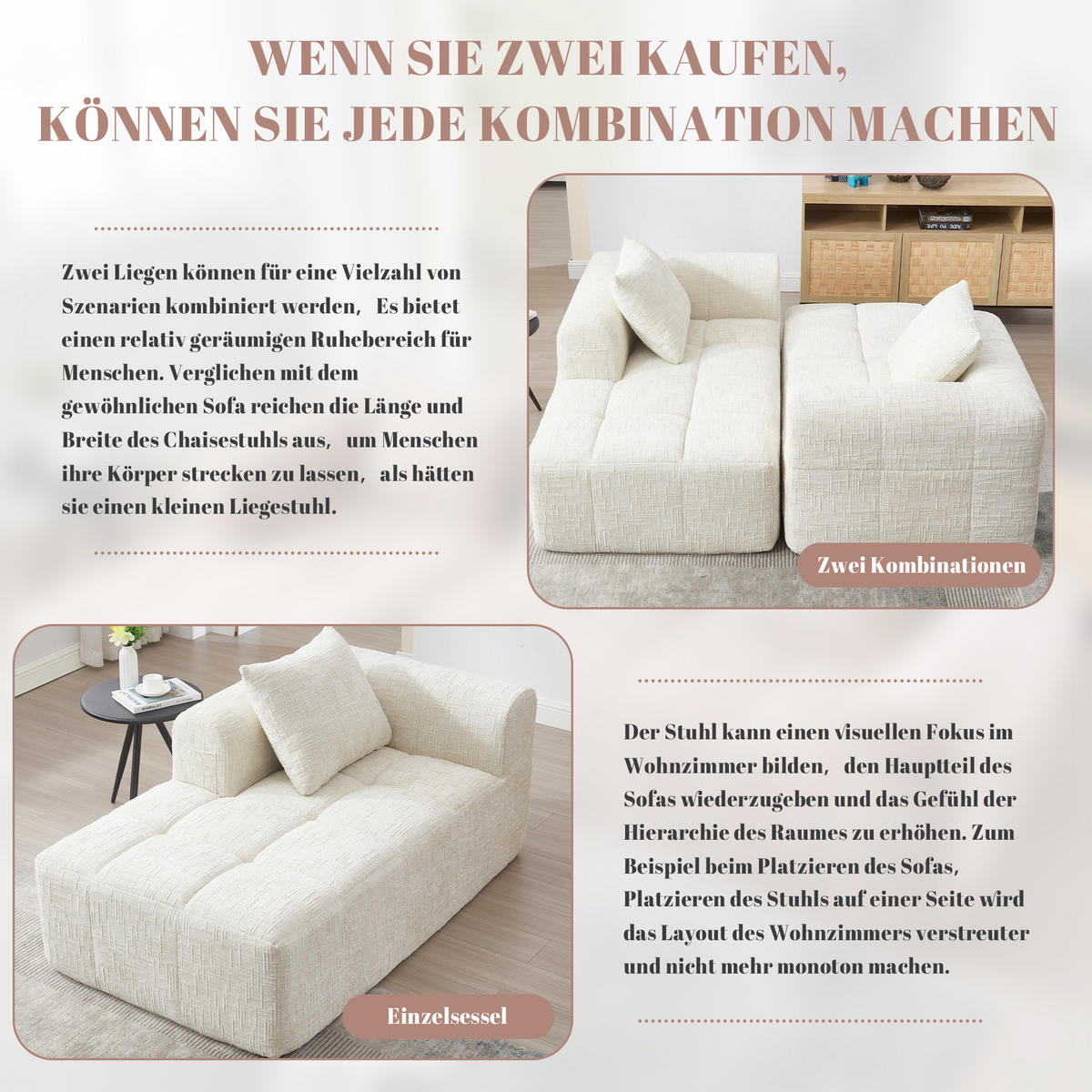 CHAISELONGUE Sofa Chenille mit Kissen und Seitentaschen 158/90/60 cm Beige - Beige, Textil (60/158/90cm) - Redom