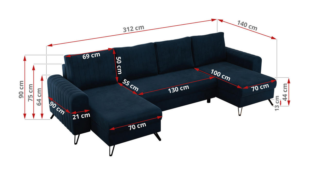 WOHNLANDSCHAFT AXEL U Velvet Dunkelblau - Blau/Schwarz, Textil/Metall (312/90/140cm) - MKS