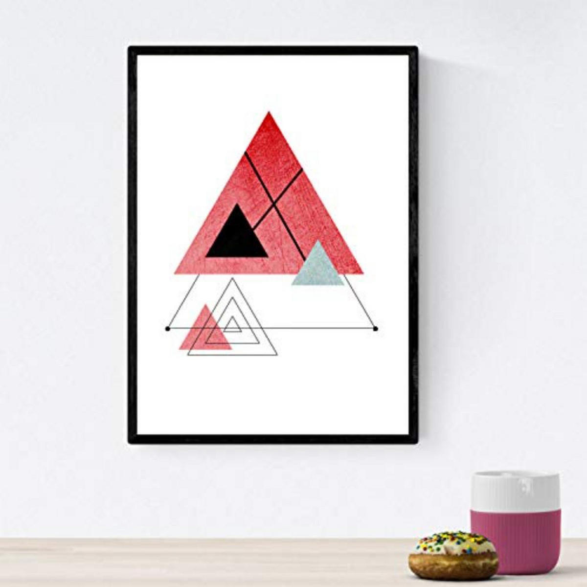 POSTER Set mit 4 Geometrische Nordischer bunten Dreicken im Rot und Blautönen A4 Schwarzer Rahmen - Schwarz, Papier (29.7/3cm) - Nacnic