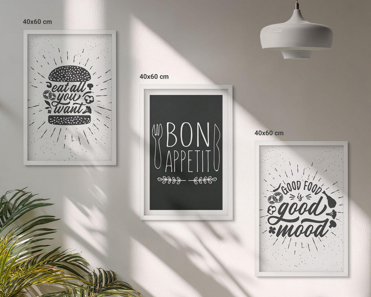 WANDBILDER 3er-Set - 40x60 cm Weißer Rahmen - Grafiken, Lebensmittel, kulinarische Slogans - Weiß, Kunststoff (40/60cm) - ArtPrintCave