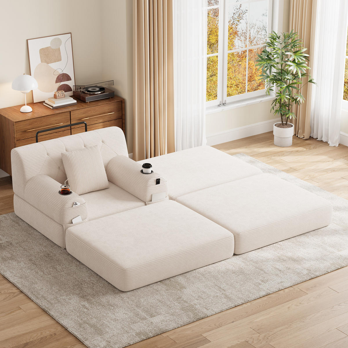 SCHLAFSOFA mit Hocker und Liegefunktion aus Cord mit Getränkehaltern und Seitentaschen in Beige - Beige, Textil (191/60/162cm) - EVRYAE