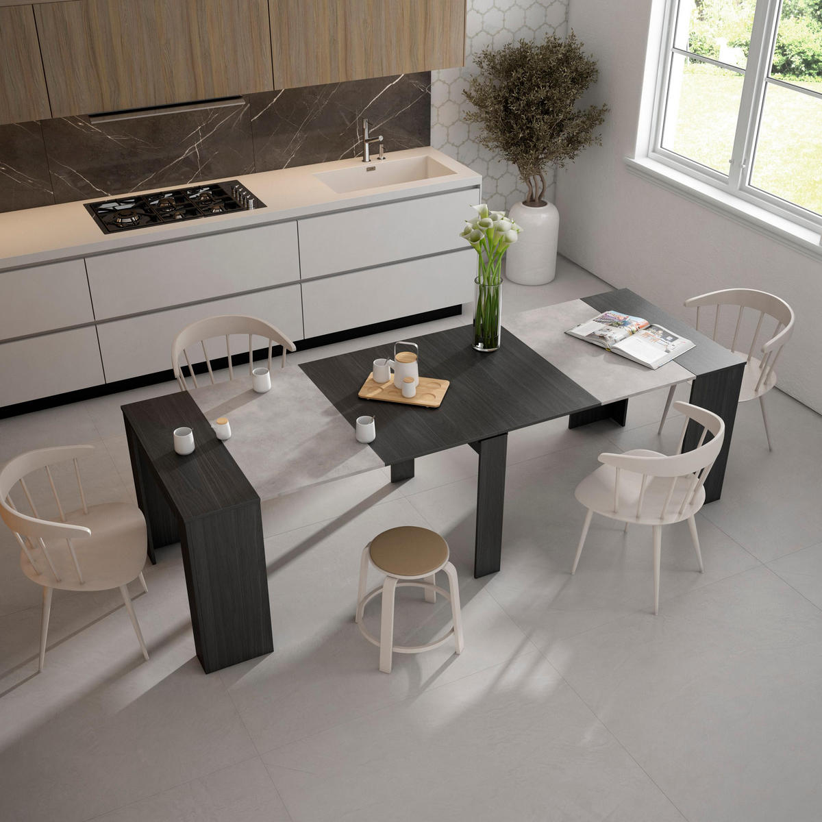 KONSOLENTISCH ausziehbar 58 bis 262cm, für 12 Gäste, schwarz, 90/58/77cm - Schwarz/Grau, Holzwerkstoff (90/262/77cm) - Skraut Home