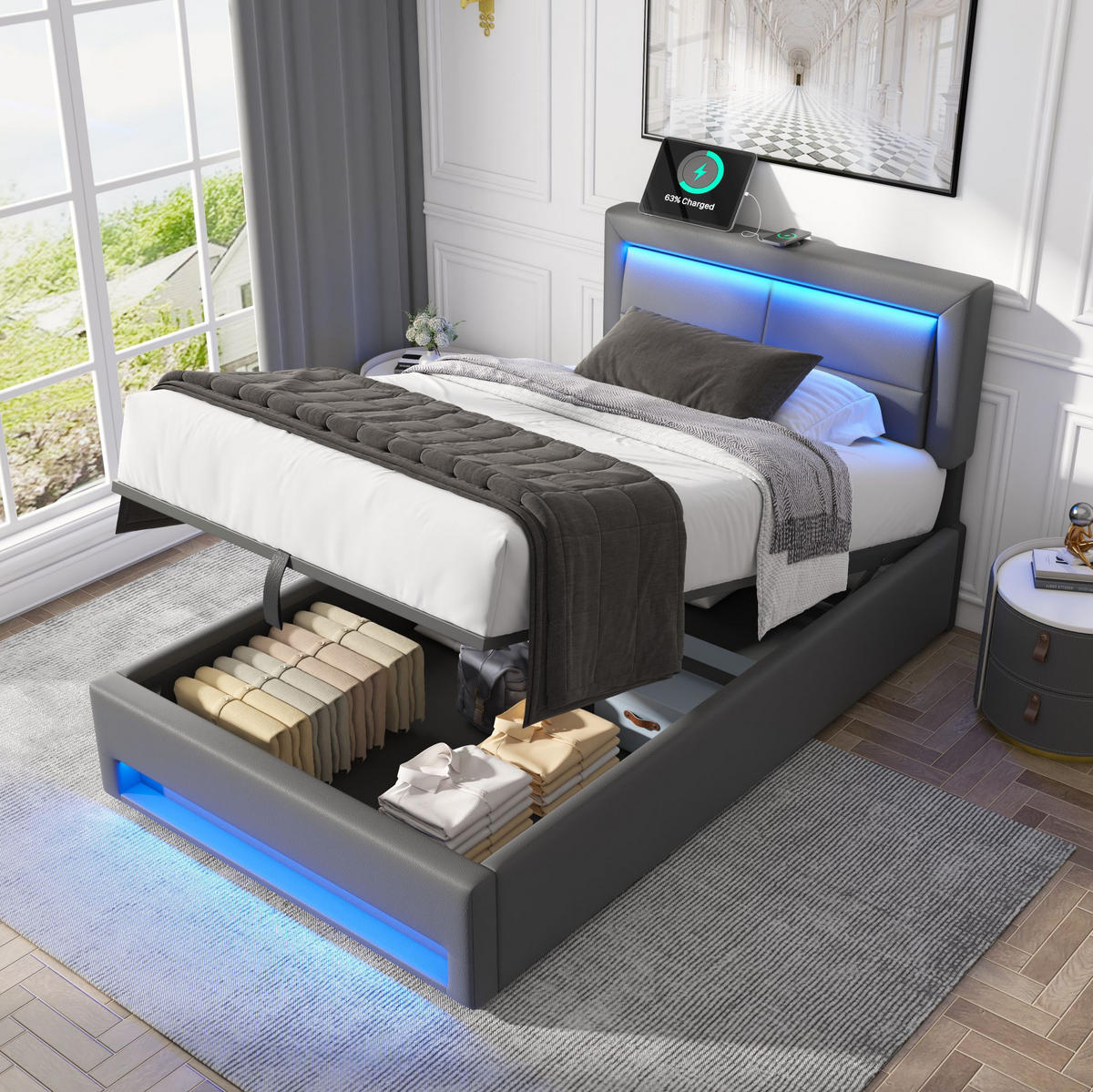 ČALÚNENÁ posteľ, 90/200 cm, PU sivá, s LED osvetlením, USB a úložným priestorom - sivá, plast (90/200cm) - BEAOK
