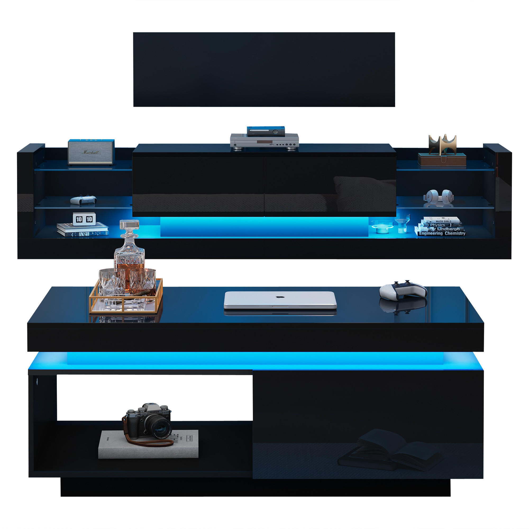 TV-ELEMENT mit Couchtisch - Kombination 2er-Set Hochglanz mit LED - Schwarz, Holzwerkstoff (181/38/38cm) - OKWISH