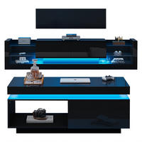 TV-ELEMENT mit Couchtisch - Kombination 2er-Set Hochglanz mit LED - Schwarz, Holzwerkstoff (181/38/38cm) - OKWISH