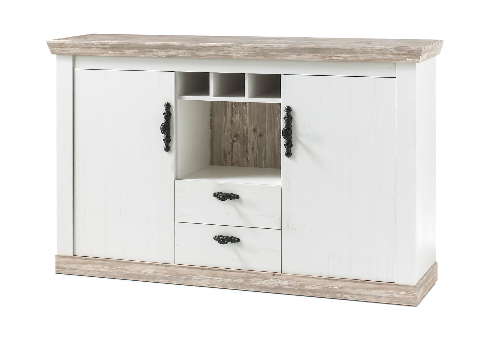 SIDEBOARD Pinie weiß, Oslo Pinie Landhaus, Kommode, 168 x 104 cm - Anthrazit/Weiß, Holzwerkstoff/Metall (168/104/44cm) - Furn.Design