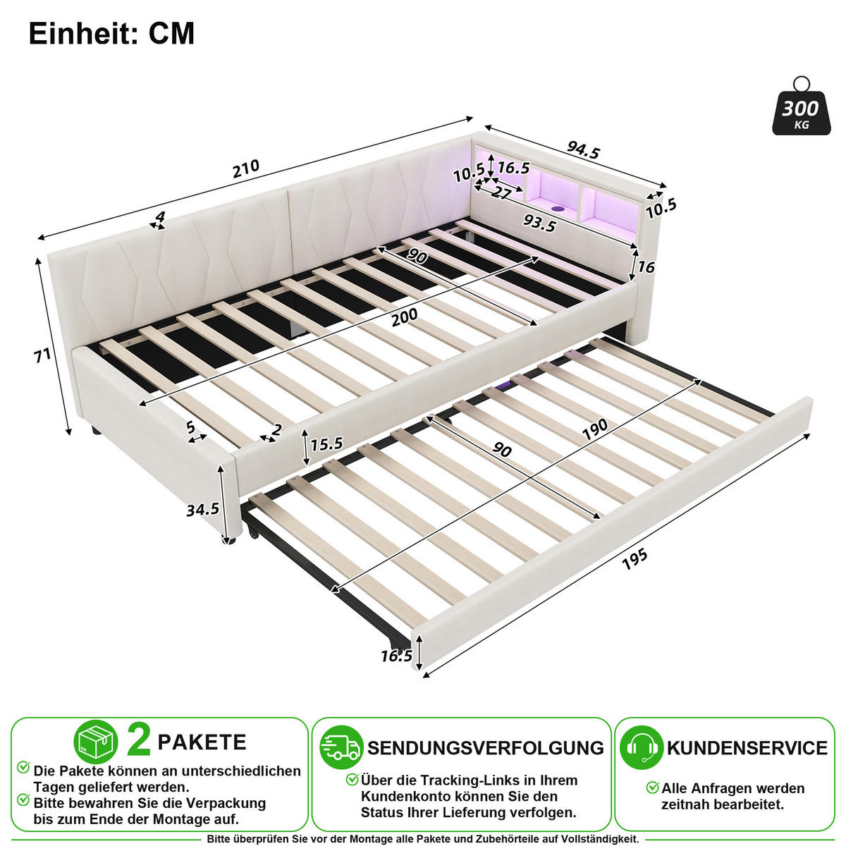 BETT 90/200 cm & 90/190 cm in Beige mit Ausziehbett, LED und USB - Beige, Holzwerkstoff/Textil (90/200cm) - CHICFURN