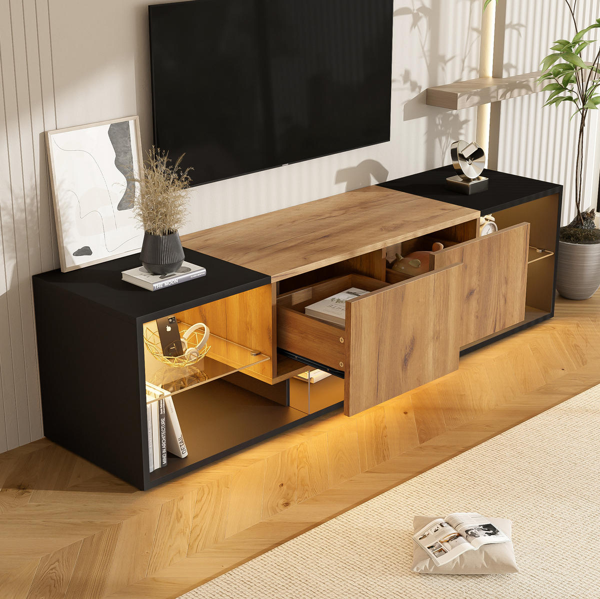 TV-ELEMENT mit LED und 2 Schubladen 160 cm Schwarz Natur - Schwarz, Holzwerkstoff (40/42/160cm) - Beauniv