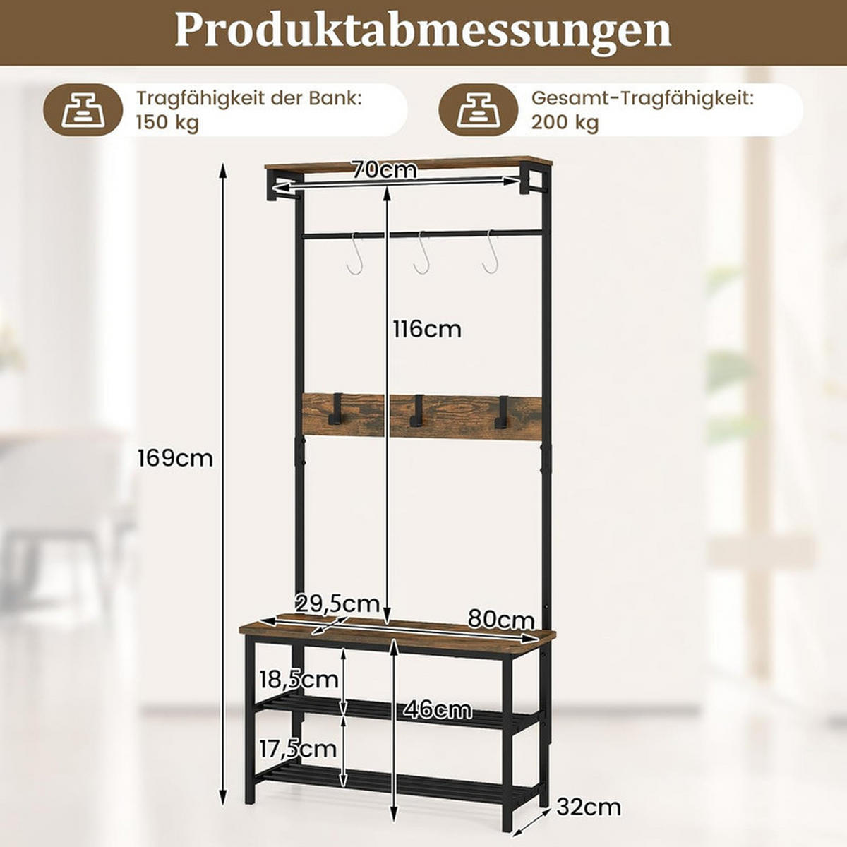 GARDEROBENSTÄNDER mit Schuhbank schwarz - Schwarz, Metall (70/169/32cm) - COSTWAY