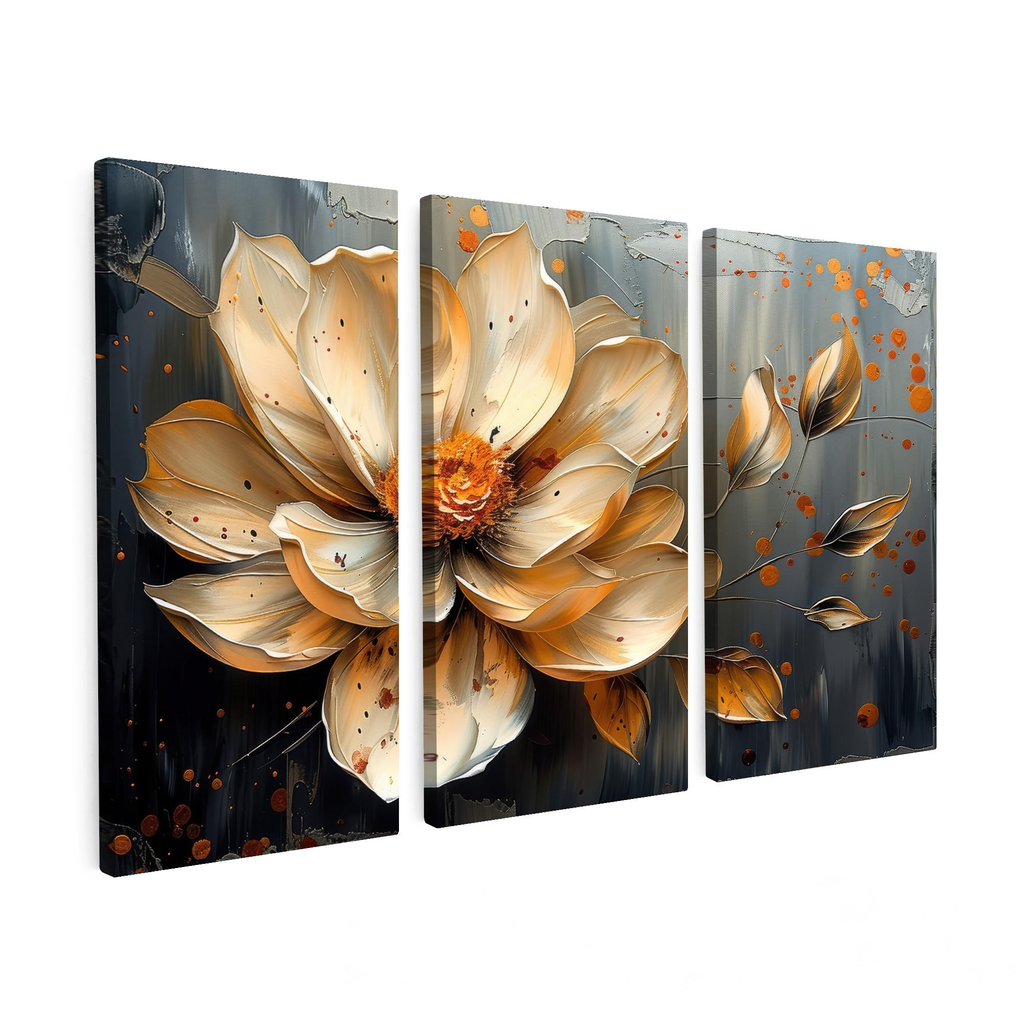 MuchoWow OBRAZ NA PLÁTNĚ 3dílná sada Květina - Zlato - Abstraktní - Malba 120x80 cm
