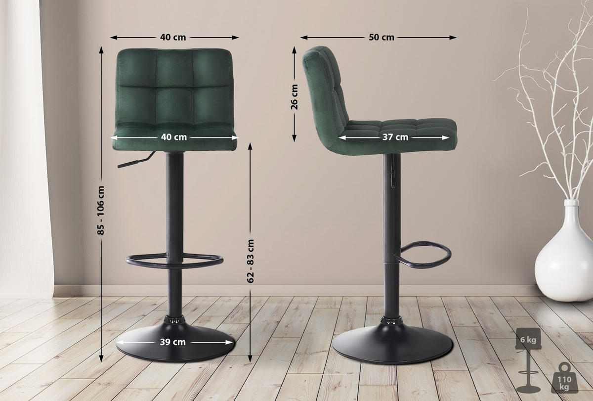 BARHOCKER 4er Set Fenai Samt grün - Schwarz/Grün, Textil/Metall (40/106/40cm) - TPFLiving