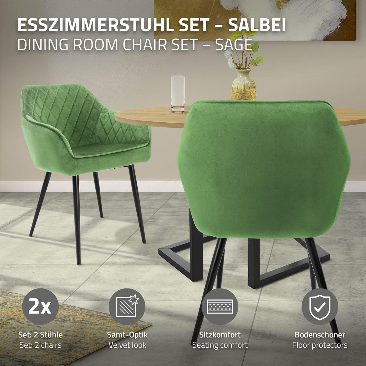 ESSZIMMERSTUHL 2er Set Salbei Samt - Schwarz/Grün, Textil/Metall (63/80/60cm) - ML-DESIGN