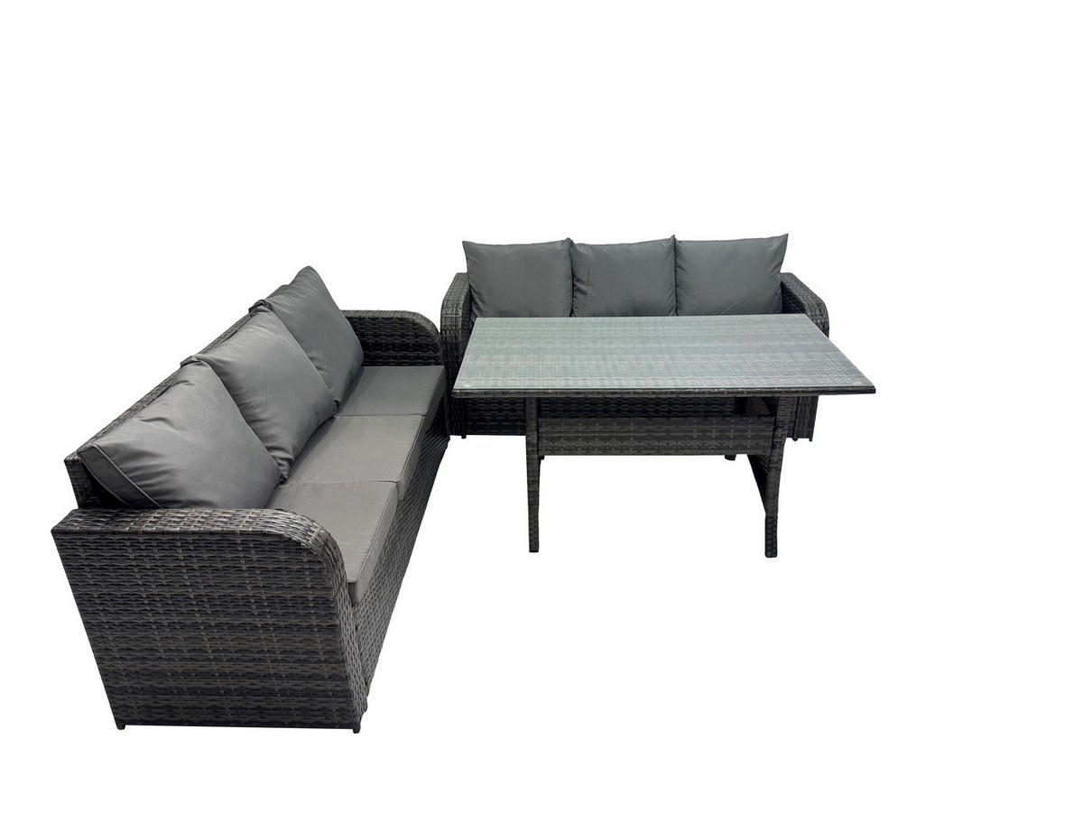 GARTENMÖBELGARNITUR mit Esstisch Polyrattan 6-Sitzer - Dunkelgrau/Grau, Glas/Kunststoff - Fimous
