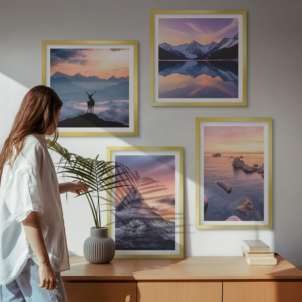 WANDBILDER 4er Set - 50x50 cm & 40x60 cm Goldrahmen - Landschaften Berge Seen jelen - Goldfarben, Kunststoff (50/50cm) - ArtPrintCave