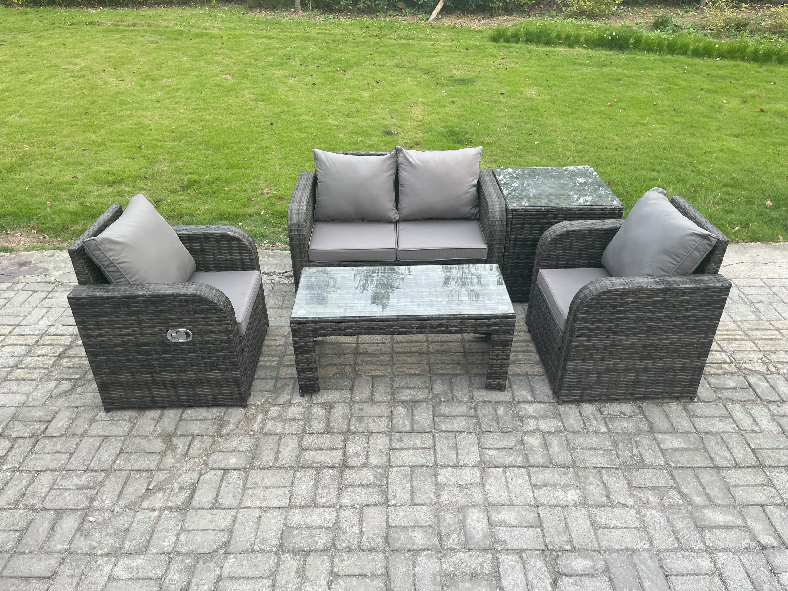 GARTENSOFA SET mit COUCHTISCH Polyrattan 4-Sitzer - Dunkelgrau/Grau, Glas/Kunststoff - Fimous