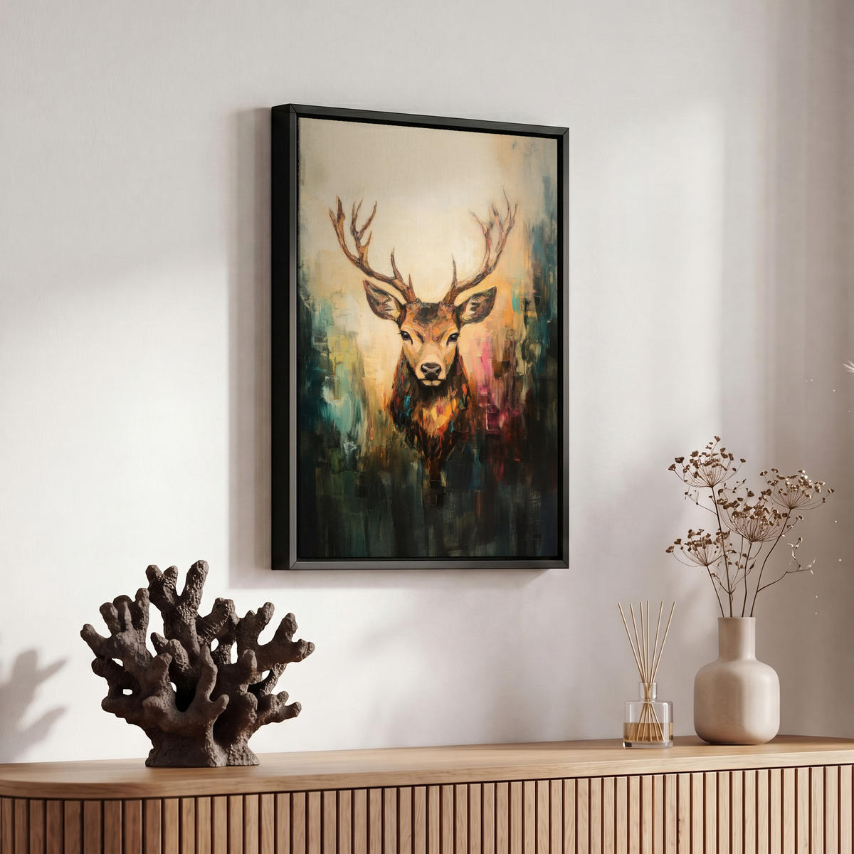 LEINWAND Bilder mit Rahmen - Hirsch - Gemalt - Geweih - Braun - 20x30 - Haselnussfarben, Textil (20/30cm) - MuchoWow