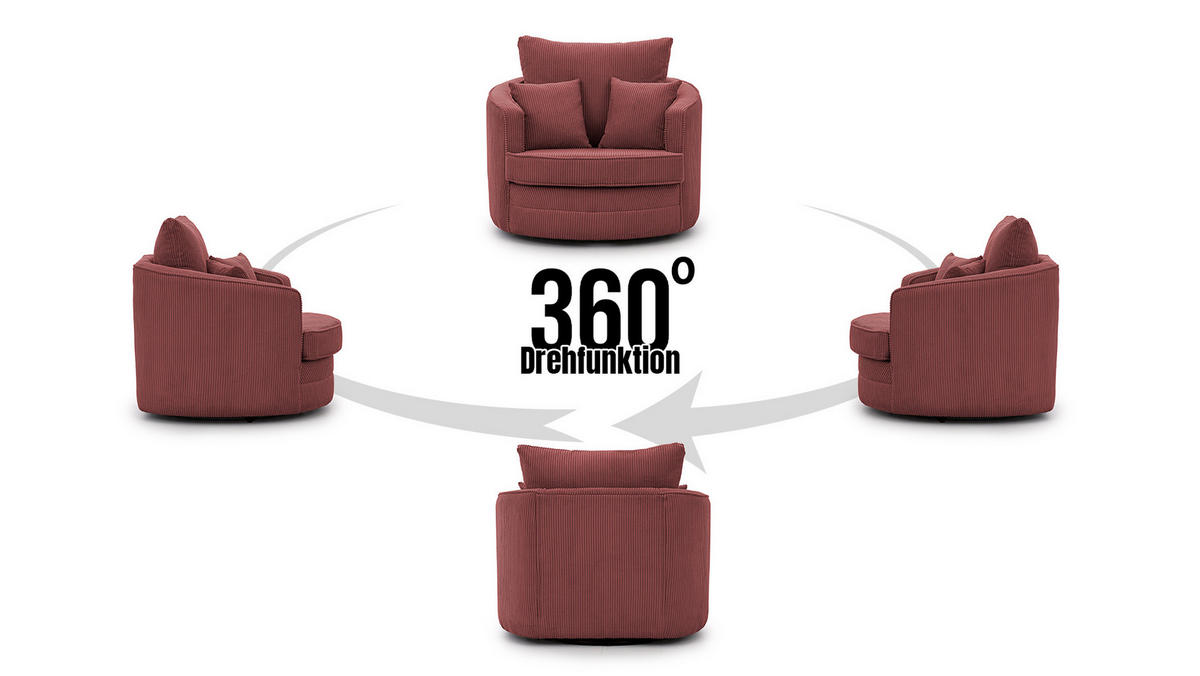 DREHSESSEL Ted aus Terrakotta Cord-Stoff - Terra cotta/Schwarz, Holz/Textil (107/94/100cm) - S-Style Möbel