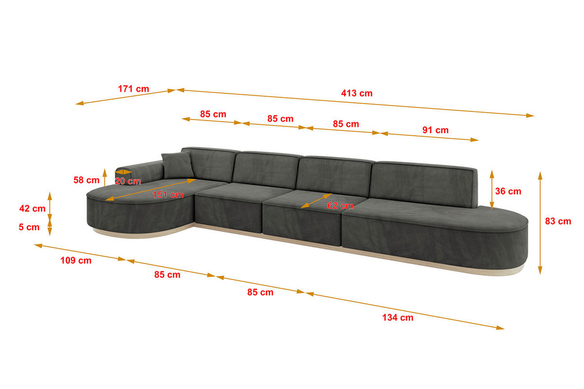 ECKSOFA Ottomane Links MARI-L3-v1 - 413x171x83 cm Dunkelgrau Velours - Dunkelgrau, Holzwerkstoff/Textil (413/171cm) - ALTDECOR