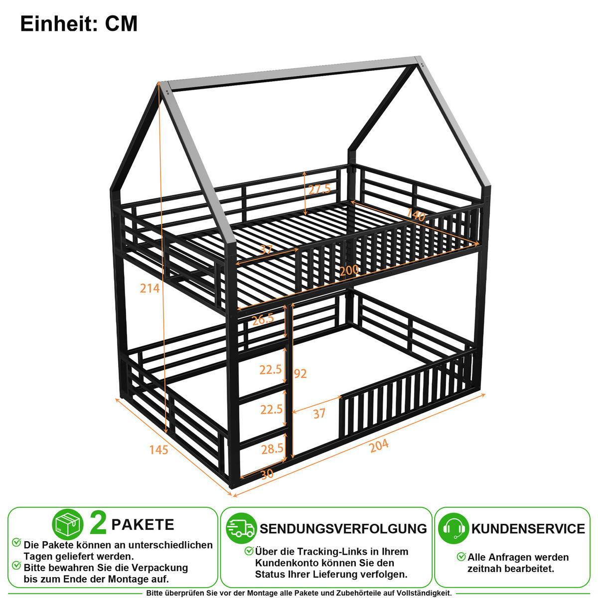 ETAGENBETT 140/200 cm in Schwarz mit LED und Zaun-Design Metall - Schwarz, Metall (140/200cm) - CHICFURN