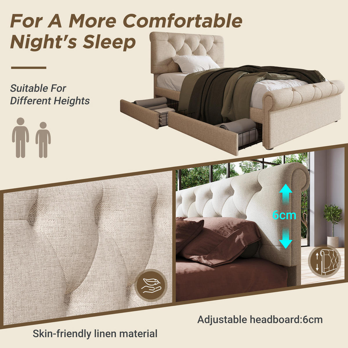 POLSTER EINZELBETT 90x200cm mit 2 Schubladen verstellbarem Kopfteil Natürlich - Braun, Holz (90/200cm) - FLIEKS