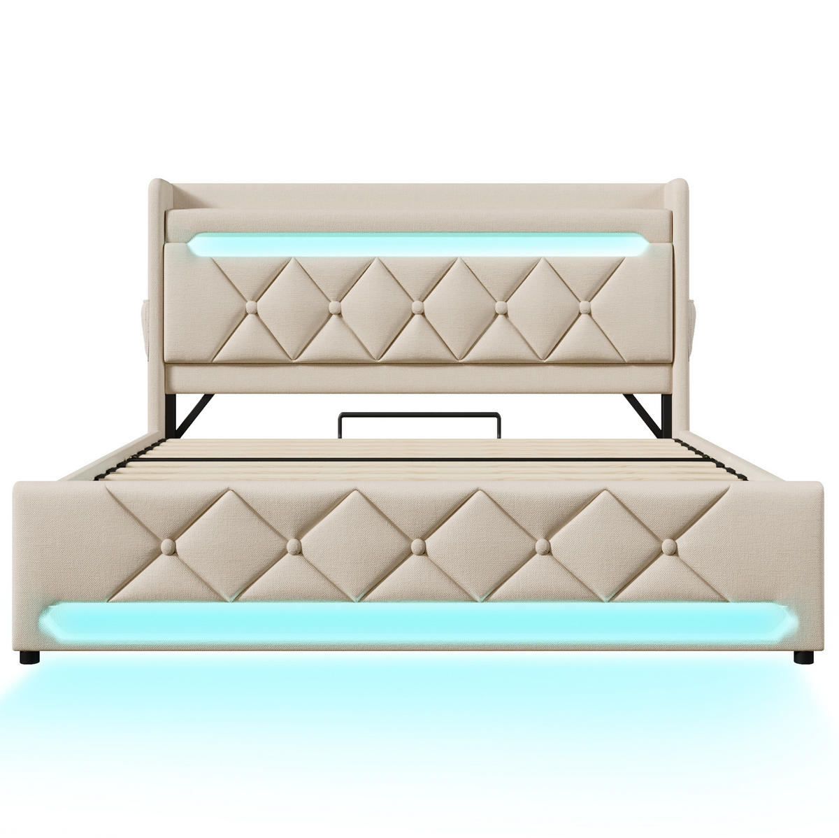 ČALOUNĚNÁ postel 140/200 cm béžová z lnu s LED osvětlením a úložným prostorem - béžová, textil (140/200cm) - OKWISH