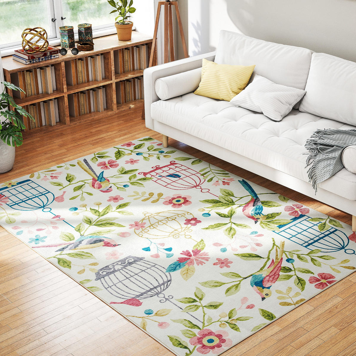 TEPPICH maschinenwaschbarer Wohnzimmerteppich, 200 x 140 cm, Cremeweiß+Rosa - Multicolor, Kunststoff/Textil (140/200cm) - HOMCOM