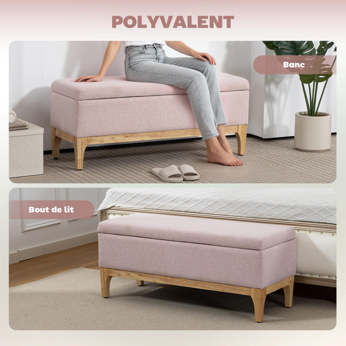 TRUHENBANK DE-16443 skandinavisch mit abnehmbarem Deckel Rosa - Pink, Textil (110/45/39cm) - ComfortXL
