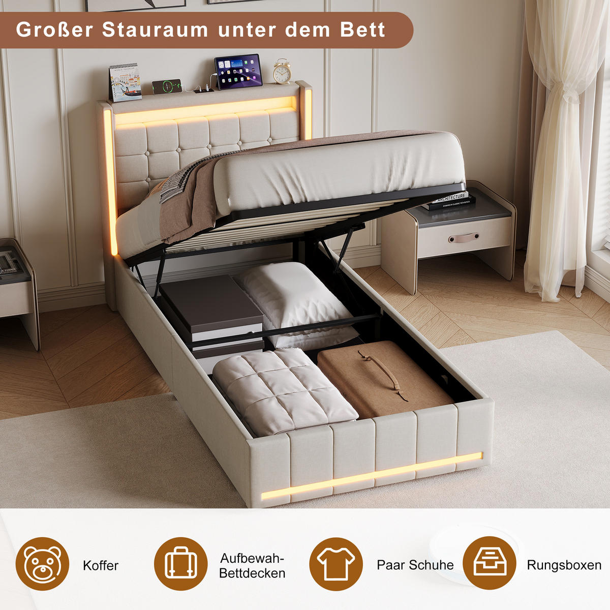 POLSTERBETT 90x200 cm Beige mit LED, Stauraum, USB-C & hydraulischem Lattenrost - Beige, Holz (90/200cm)
