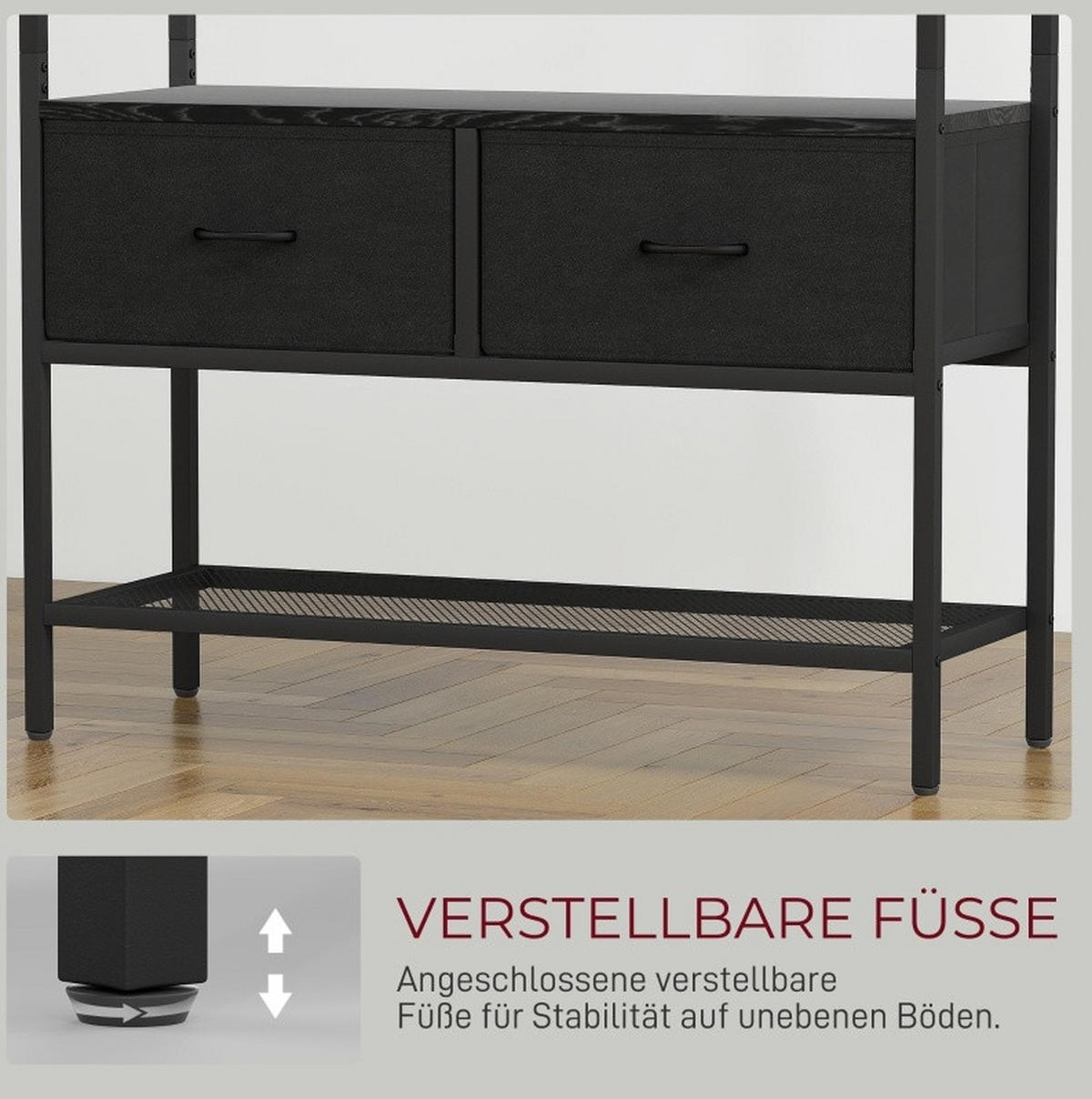 GARDEROBENSTÄNDER 80/30/180,5 cm mit Schuhablage, 2 Stoffschubladen, 8 Haken und Kleiderstange, Holz/Metall, Schwarz - Schwarz, Holzwerkstoff (80/180.5/30cm) - Redom
