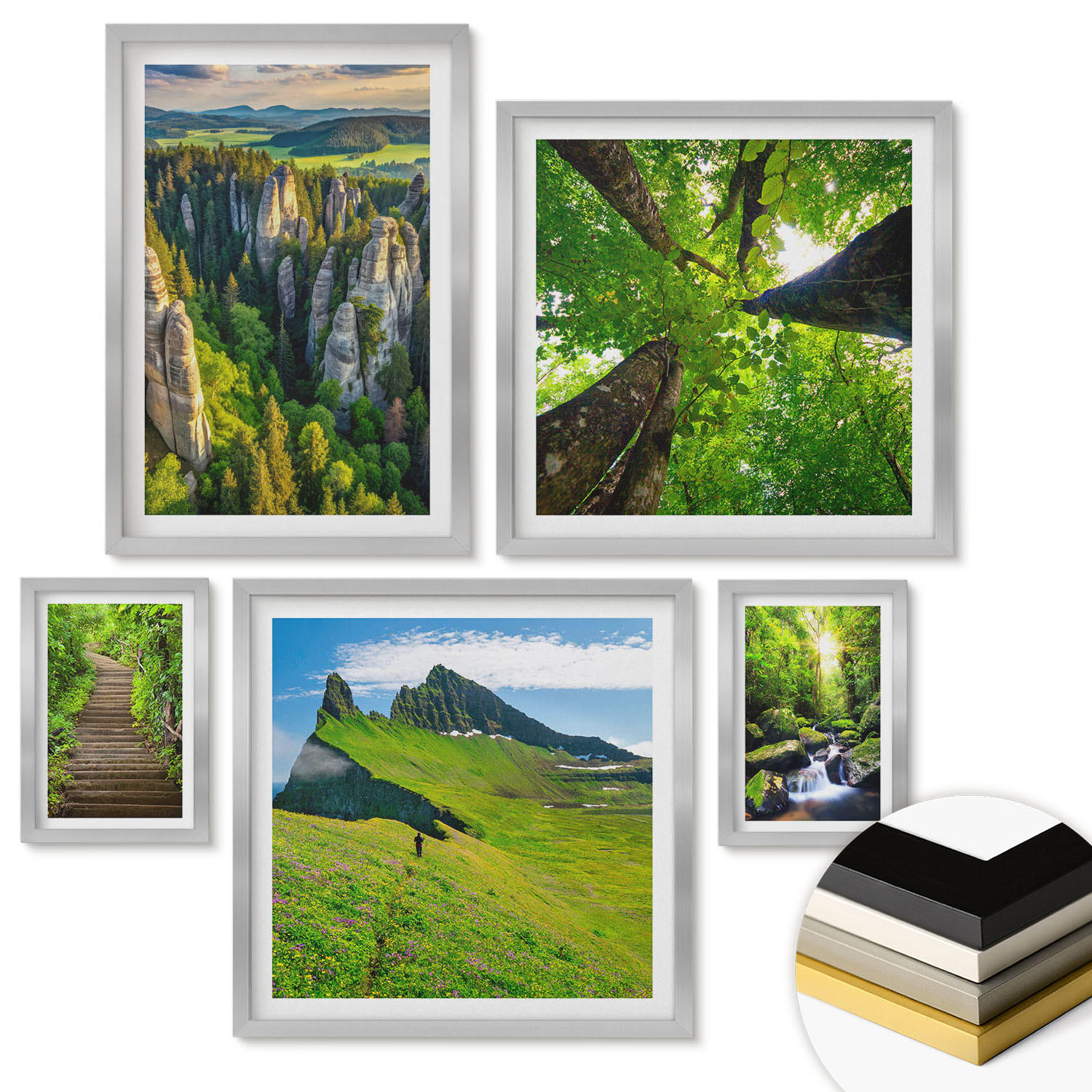 WANDBILDER 5er Set - 50x50 cm & 20x30 cm & 40x60 cm Silberner Rahmen - Grüne Berge Wasserfallwald - Silberfarben, Kunststoff (40/60cm) - ArtPrintCave