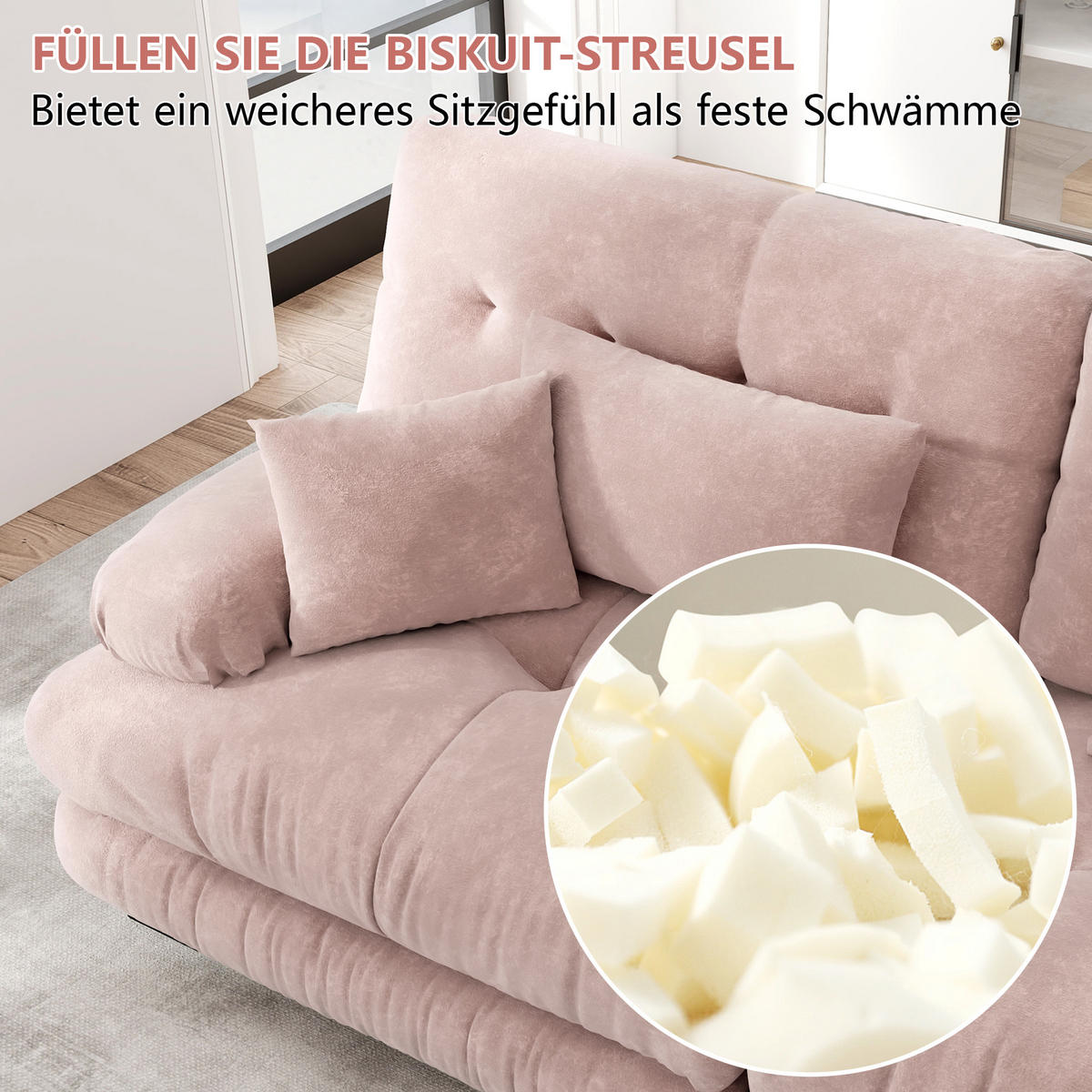 2-SITZER SOFA chenille rosa mit 4 kissen & modularem design - Pink, Textil (220/81/77cm) - Urban Meuble