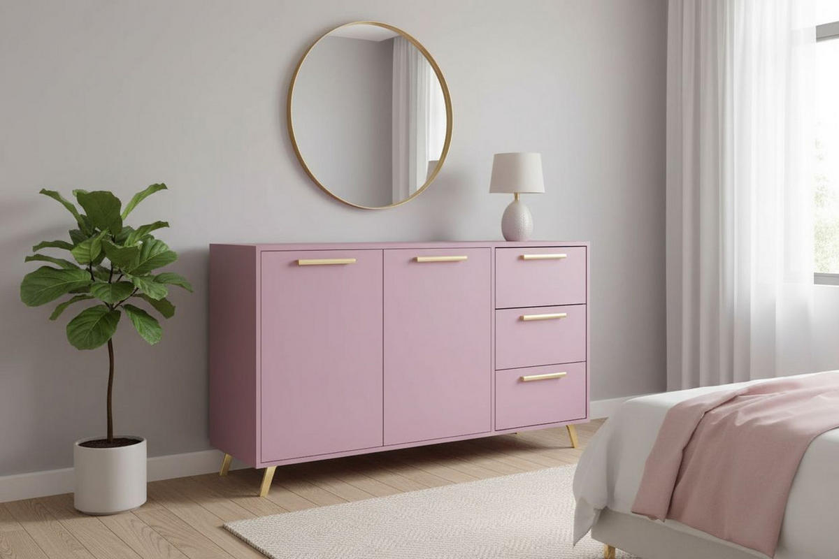 KOMMODE Nancy mit 3 Schubladen und 2 Türen, Sideboard in Farbe: Rosa, Schrank in Größe: 140 x 86 x 41 cm - Rosa, Holzwerkstoff (140/86/41cm) - Agmat-Furniture