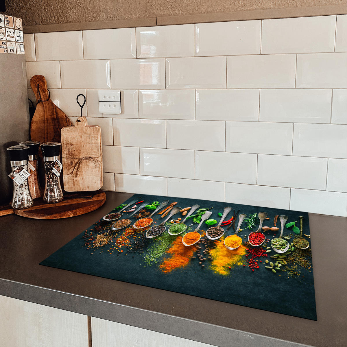 HERDABDECKPLATTE Kräuter - Gewürze - Löffel 65x52 cm - Multicolor, Kunststoff (65/52/0.2cm) - MuchoWow