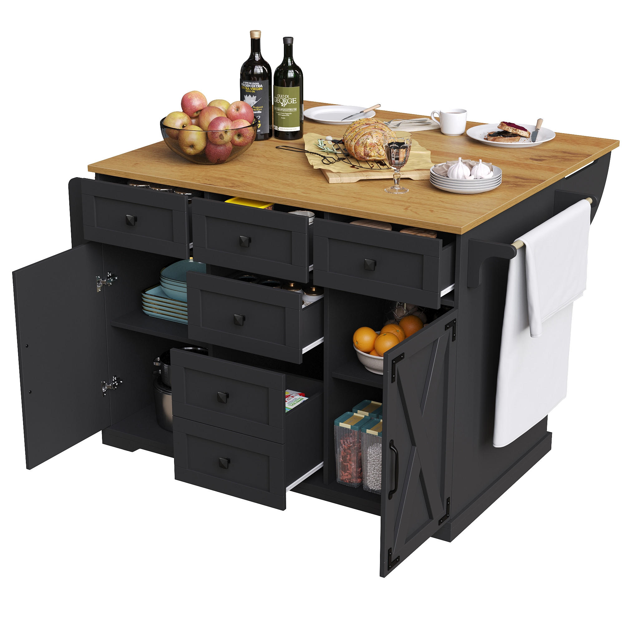 KÜCHENINSEL 147/70/93 cm Schwarz mit Klappblatt, Großem Stauraum und Rollen - Schwarz, Holz/Holzwerkstoff (147/93/70cm) - Oxeza