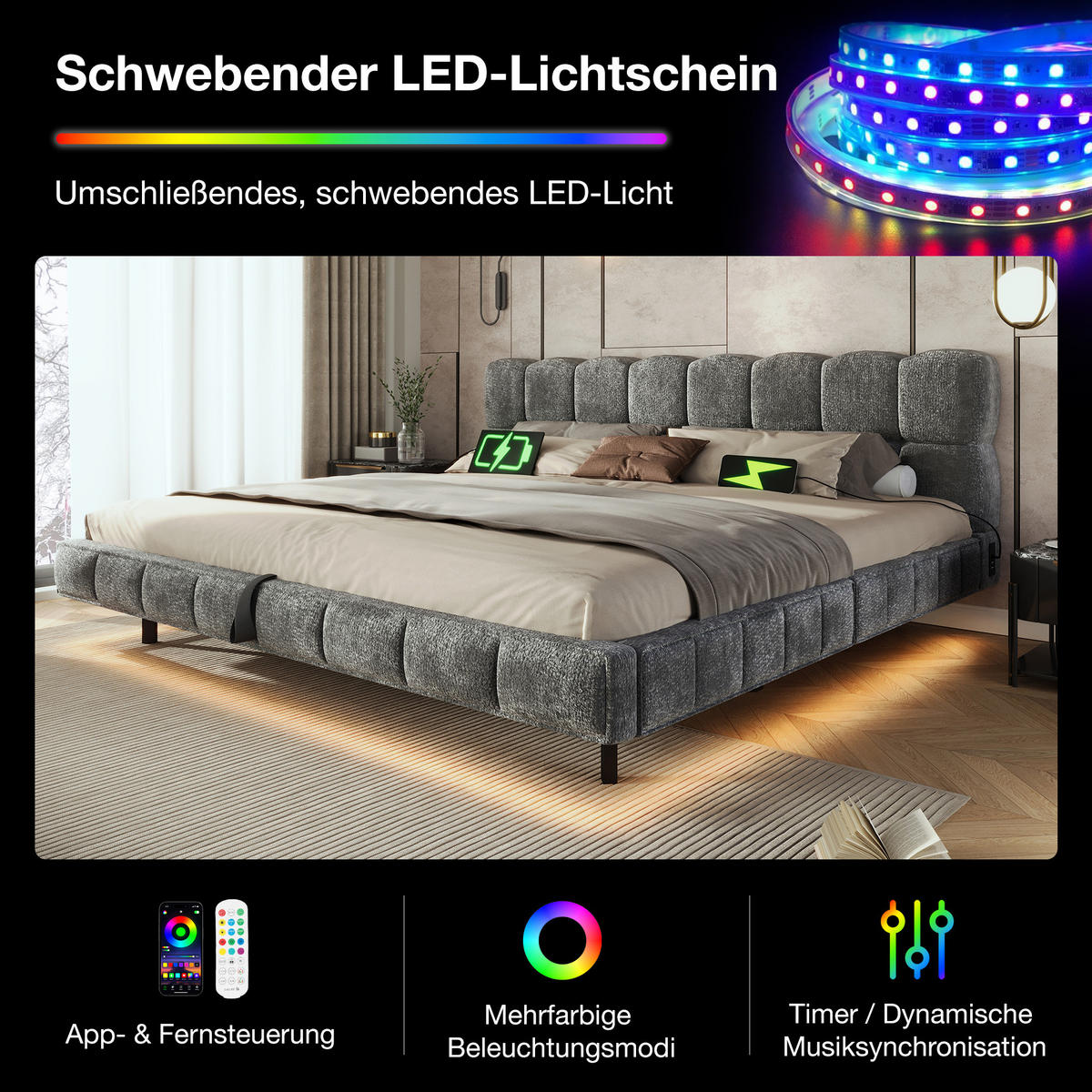 POLSTERBETT 140/200 mit Bettkasten, LED und USB in Grau - Grau, Holzwerkstoff/Textil (140/200cm) - EVRYAE
