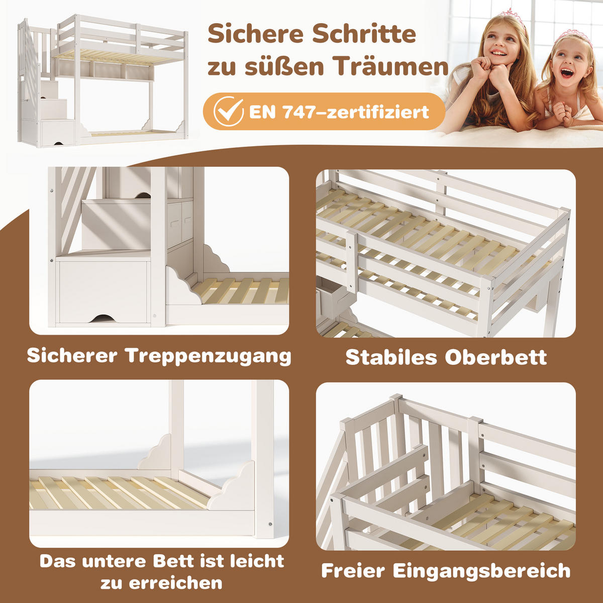 ETAGENBETT 90/200 cm aus Holz mit Treppenschrank, Stauraum und Sicherheitsgeländer, Weiß - Weiß, Holzwerkstoff (90/200cm) - Redom