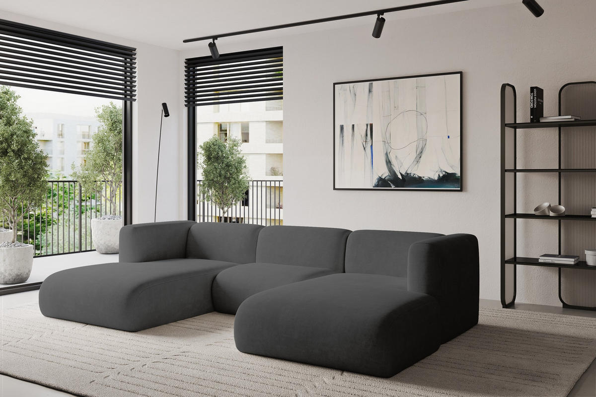 WOHNLANDSCHAFT MIRA-U1 317x179x70 Dunkelgrau Velours - Dunkelgrau/Schwarz, Holzwerkstoff/Kunststoff (317/70/179cm) - ALTDECOR