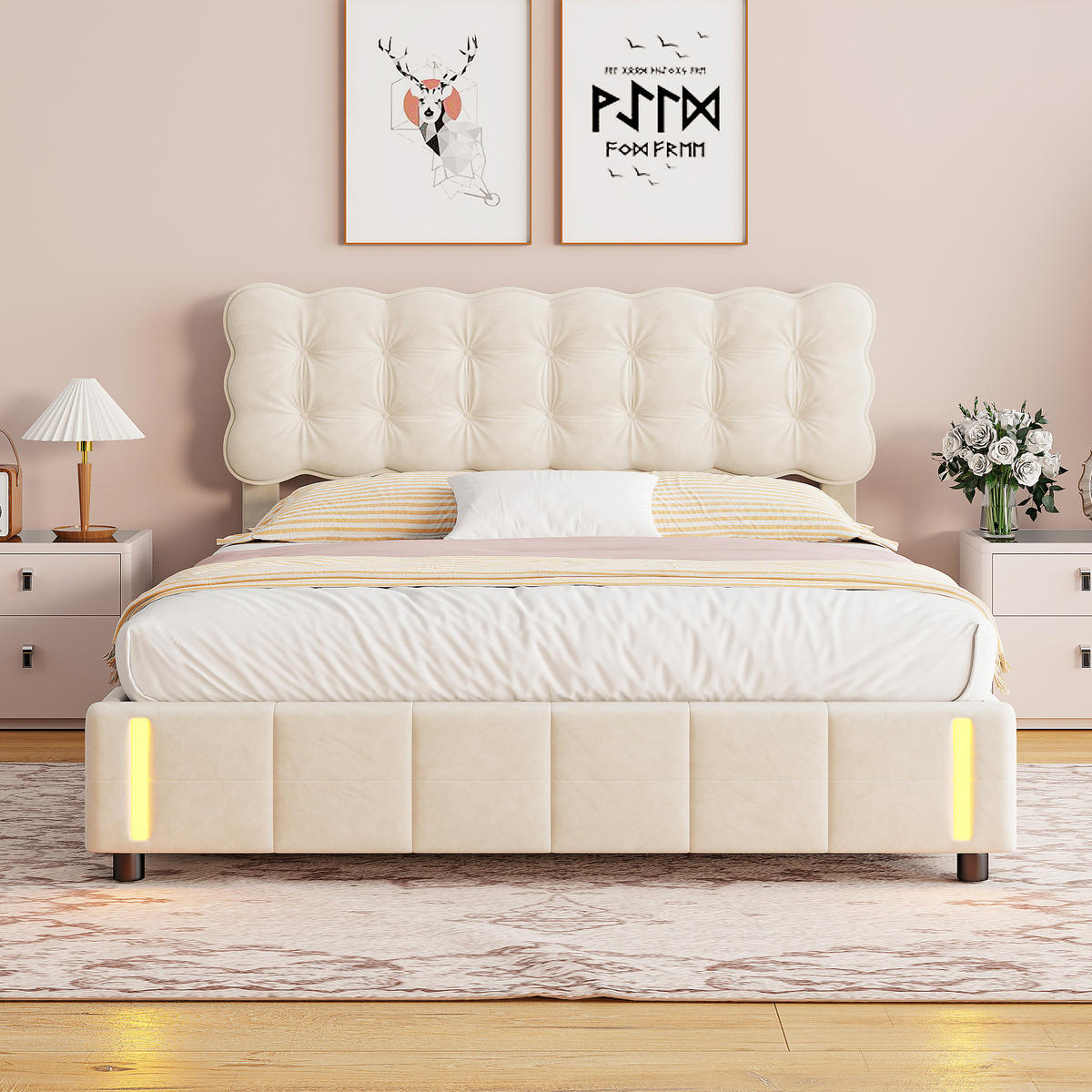POLSTERBETT 140/190 cm Beige mit Bettkasten, Hydraulischer Stauraum, LED-Sensorlicht, gepolstertes Kopfteil - Weiß, Metall (140/190cm) - EuroLiving