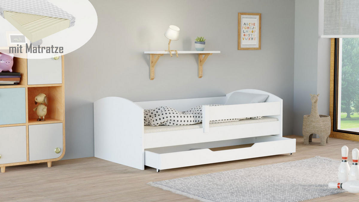KINDERBETT Classic 160x80 weiß mit Schublade und Matratze - Weiß, Holzwerkstoff (80/160cm) - LUKDOM