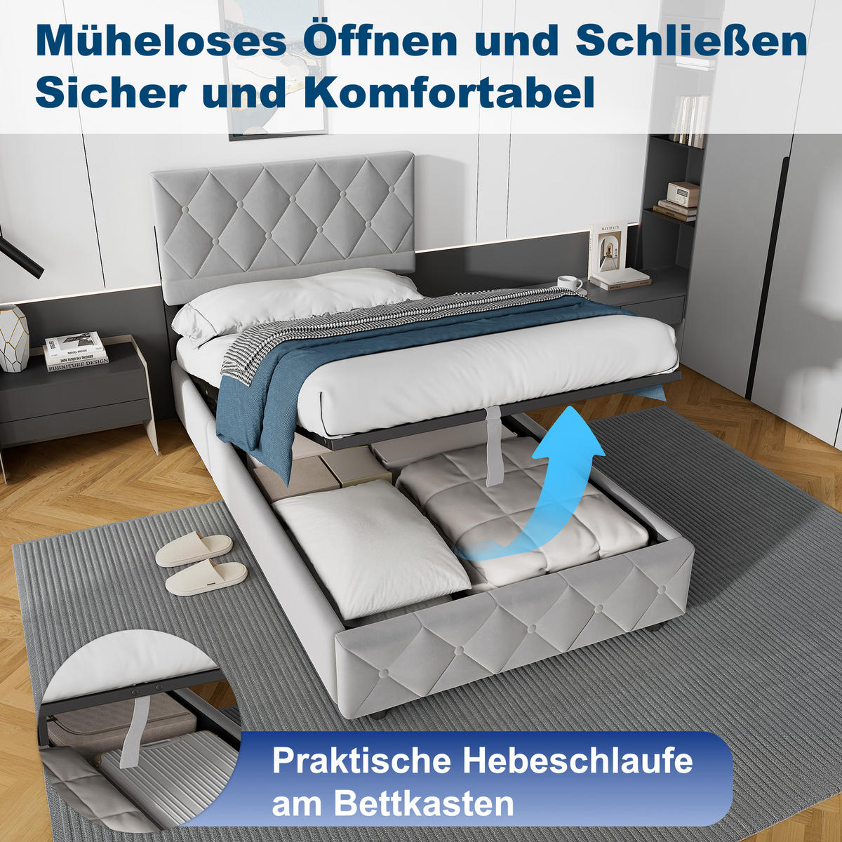 POLSTERBETT 90/200 cm mit Bettkasten in Grau Samt, ohne Matratze - Hellgrau, Holzwerkstoff/Textil (90/200cm) - WISHDOR