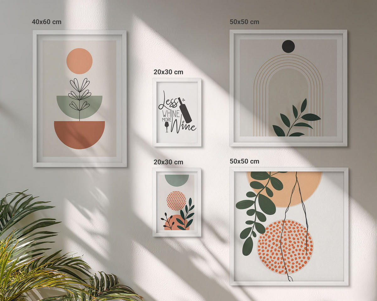 WANDBILDER 5er-Set - 50x50 cm & 20x30 cm & 40x60 cm Weißer Rahmen - Abstrakte Pflanzenformen - Weiß, Kunststoff (40/60cm) - ArtPrintCave