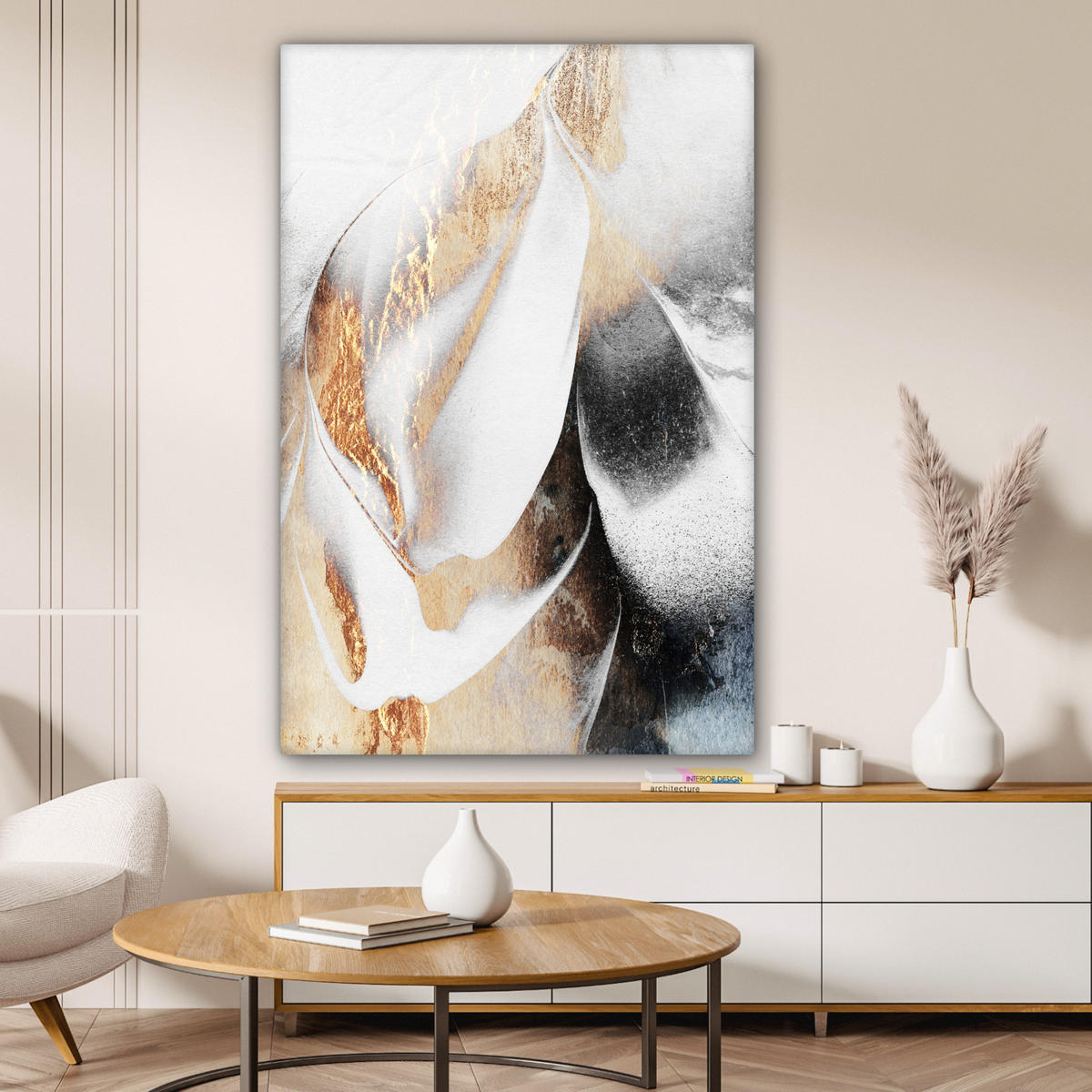 LEINWANDBILD Luxus - Abstrakt - Gold - Weiß 90x140 cm - Goldfarben, Textil (90/140cm) - MuchoWow